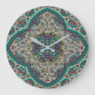 Paisley floral pattern teal silver pink bohemian large clock