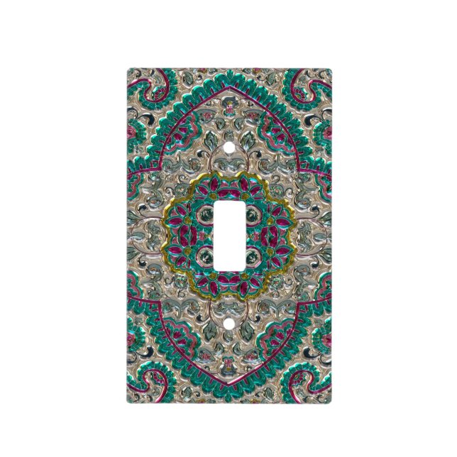 Paisley floral pattern teal silver pink bohemian  light switch cover (Front)