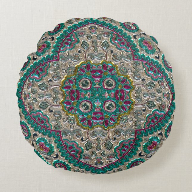 Paisley floral pattern teal silver pink bohemian  round pillow (Front)