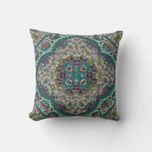 Paisley floral pattern teal silver pink bohemian throw pillow