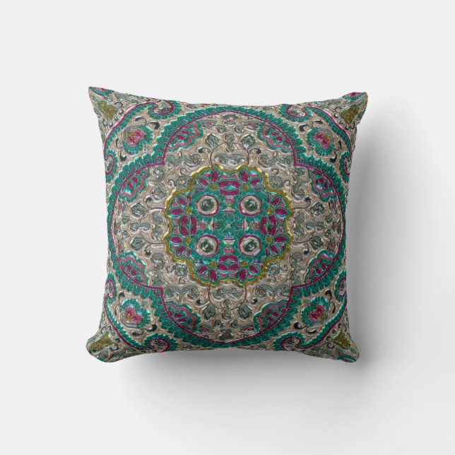 Paisley floral pattern teal silver pink bohemian  throw pillow (Front)