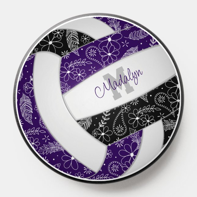 paisley floral purple black boho volleyball PopSocket (Popsocket)