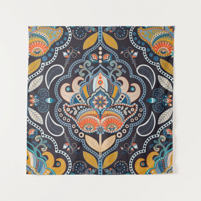 Paisley floral seamless pattern. Dark backdrop wit (Front)