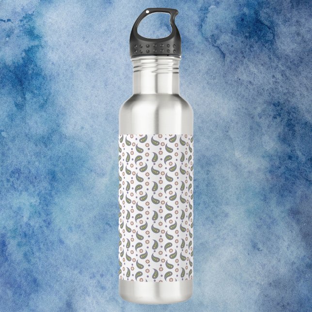 Paisley Flowers Dots Green Pink Purple Pattern Stainless Steel Water Bottle (A water bottle with a paisley pattern done in pink, green, blue & purple.)