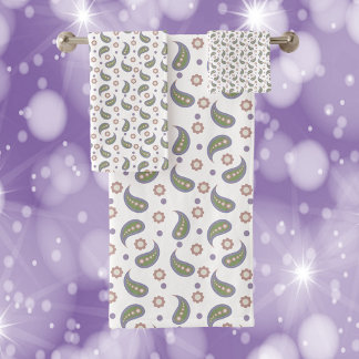 Paisley Flowers Dots Green Purple Pink Bath Towel Set
