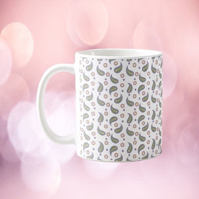 Paisley Flowers Dots Green Rose Purple Coffee Mug (A mug with a paisley, flower and polka dot pattern done in purple, green, pink and blue)