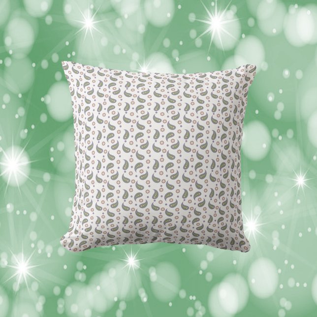 Paisley Flowers Dots Green Rose Purple Pattern Throw Pillow (A throw pillow with a pattern of paisley, flowers and polka dots done in green, pink, purple & blue.)