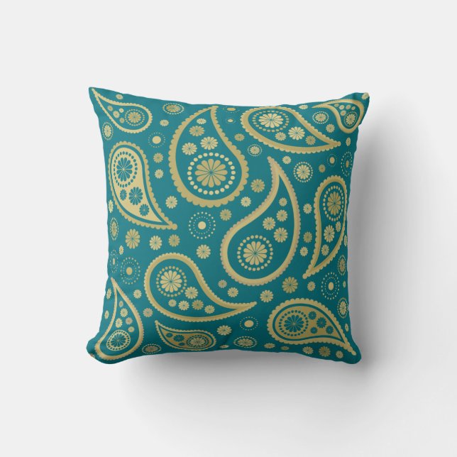 Paisley Funky Large Pattern Print in Teal & Golds Throw Pillow (Front)