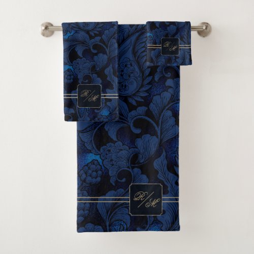 Paisley Garden Flora Monogram Navy BlueGold ID750 Bath Towel Set