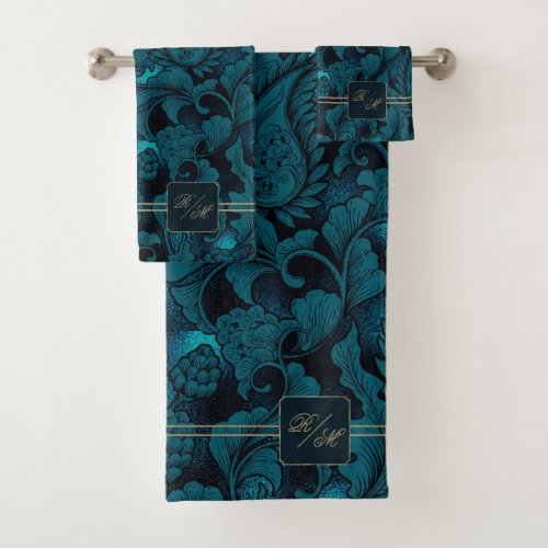Paisley Garden Floral Monogram TealGold ID750 Bath Towel Set