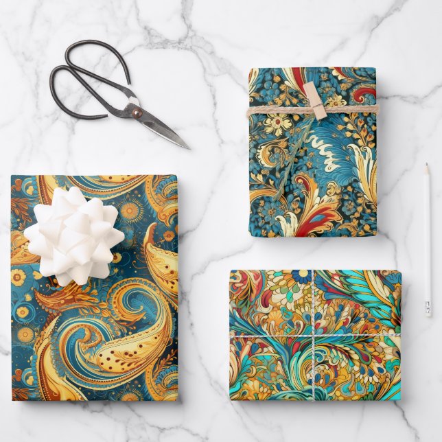 Paisley Golden Flower Abstract Pattern Set 1 Wrapping Paper Sheets (Front)