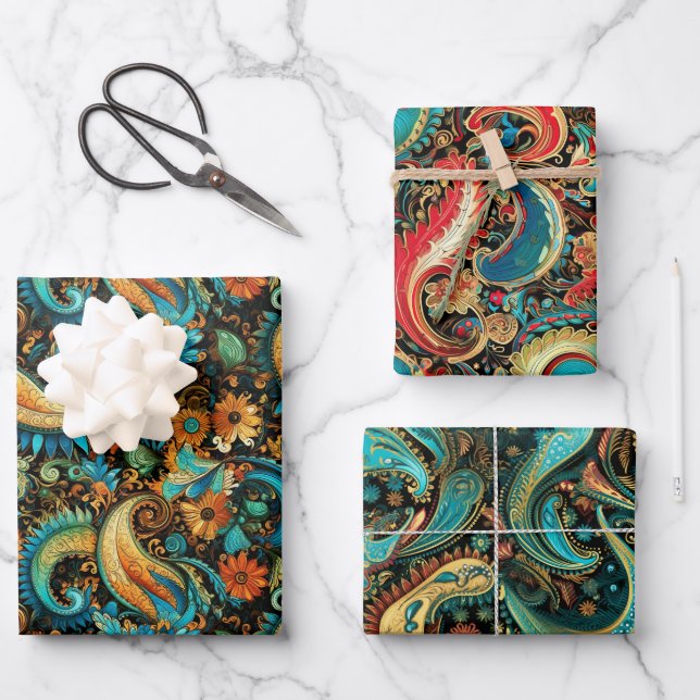 Paisley Golden Flower Abstract Pattern Set 3 Wrapping Paper Sheets (Front)