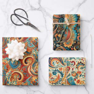 Paisley Golden Flower Abstract Pattern Set 4 Wrapping Paper Sheets