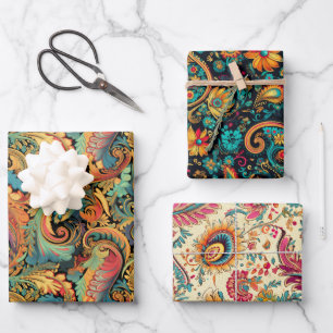 Paisley Golden Flower Abstract Pattern Set 5 Wrapping Paper Sheets