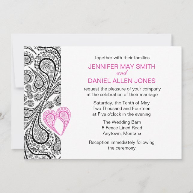 Paisley Heart Hot Pink And Black Wedding Invite (Front)