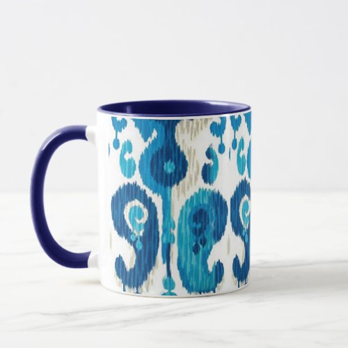 Paisley Ikat Mug with Blue Handle