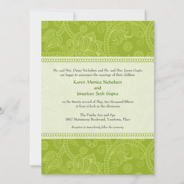 Paisley Impression in Green Wedding Invitation (Front)