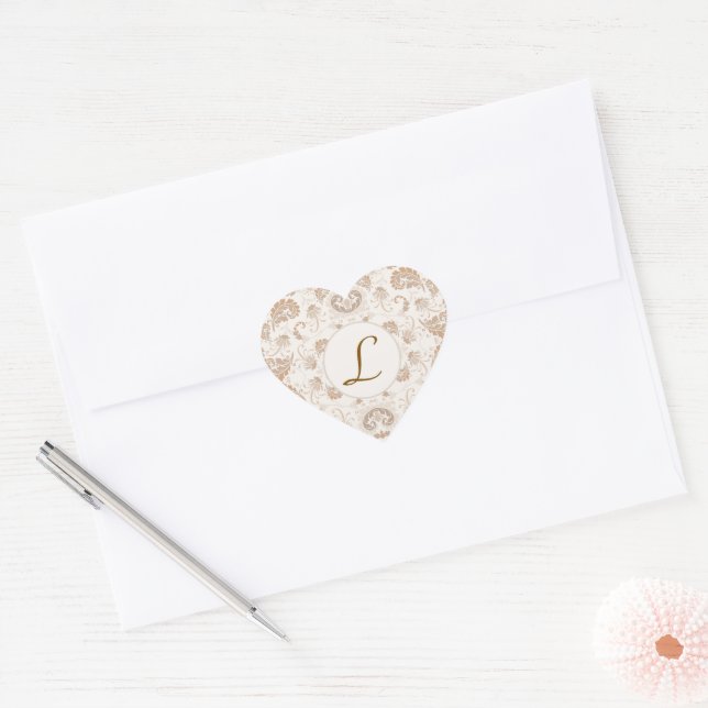 Paisley in Beige Aesthetic Modern Tan Brown Init. Heart Sticker (Envelope)