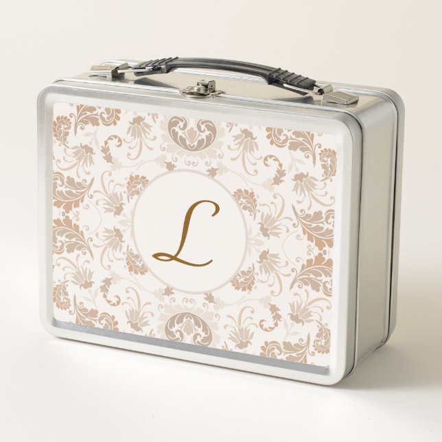 Paisley in Beige Aesthetic Modern Tan Brown Init. Metal Lunch Box (Front)