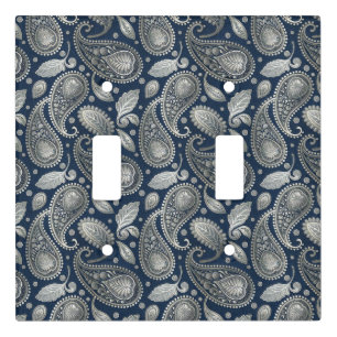 Paisley in Navy Blue and Elegant Silver Light Switch Cover