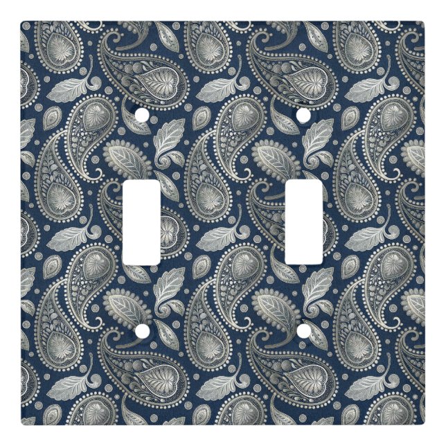 Paisley in Navy Blue and Elegant Silver Light Switch Cover (Front)