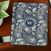 Paisley in Navy Blue and Elegant Silver Monogram