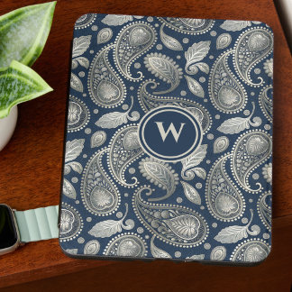 Paisley in Navy Blue and Elegant Silver Monogram Kindle Cover