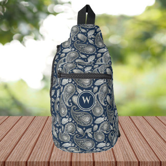 Paisley in Navy Blue and Elegant Silver Monogram Sling Bag