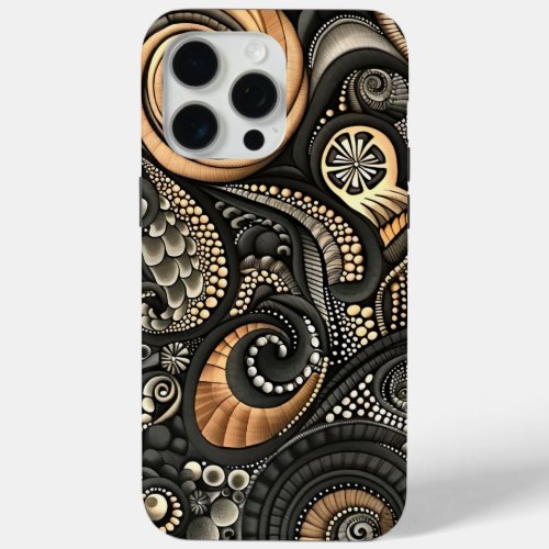 Paisley Inspired Black Beige Designer Protective iPhone 15 Pro Max Case