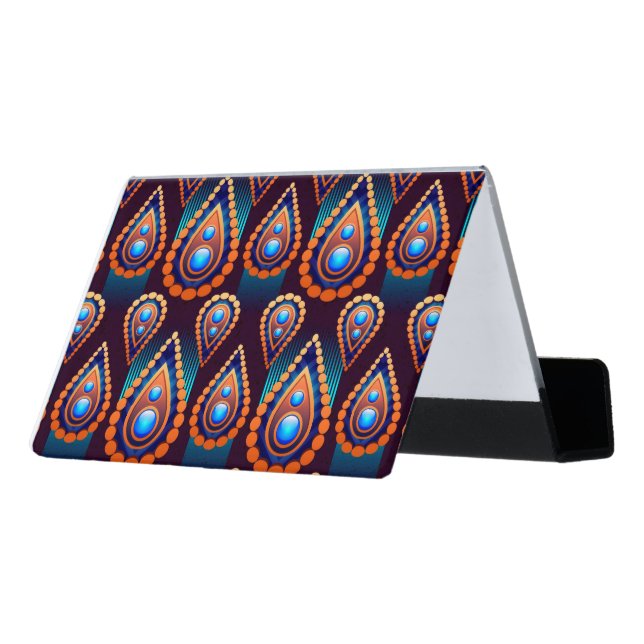 Paisley Like Colorful Jewel Pattern Desk Business Card Holder (Angled Back)
