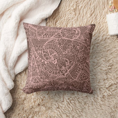 Paisley Mandala Brown  Blush Throw Pillow