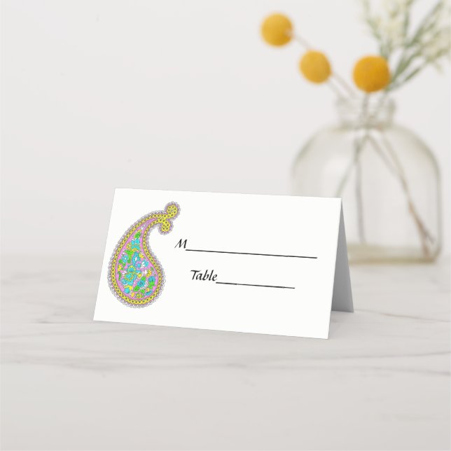 Paisley Mehndi Pattern Pink Green Aqua Yellow Place Card (Back)