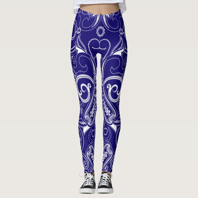 Paisley monochrome: blue, white elegance. leggings (Front)