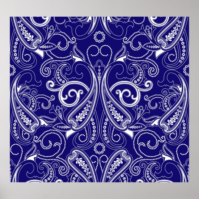 Paisley monochrome: blue, white elegance. poster (Front)