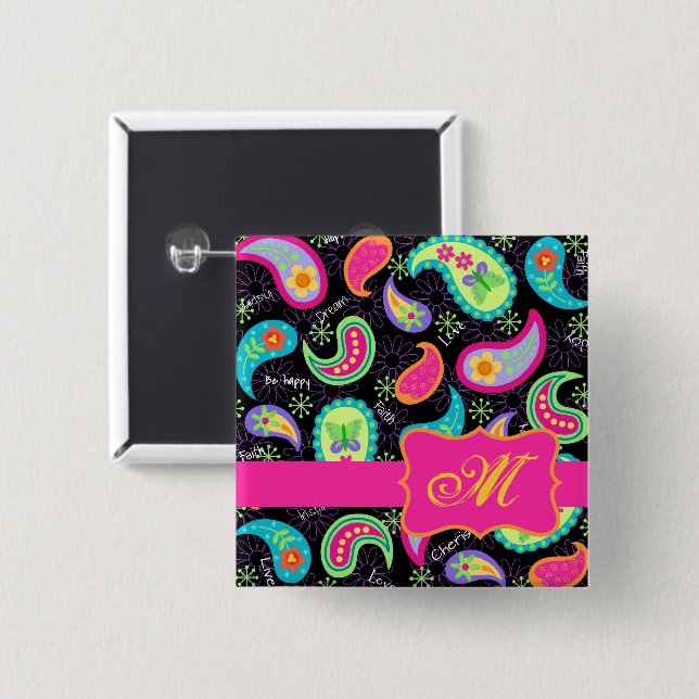 Paisley Monogram Black Fuchsia Pink Modern  Pinback Button (Front & Back)