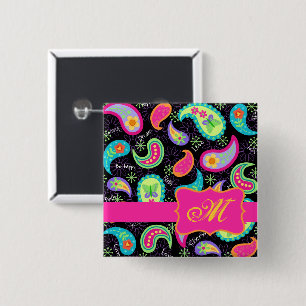 Paisley Monogram Black Fuchsia Pink Modern  Pinback Button