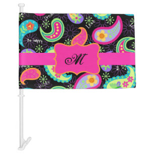 Paisley Monogram Black Hot Pink Car Flag