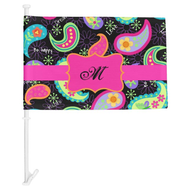 Paisley Monogram Black Hot Pink   Car Flag (Front)