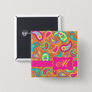 Paisley Monogram Hot Pink Orange Whimsy Pinback Button