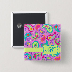  Paisley Monogram Magenta Pink Green Modern Pinback Button