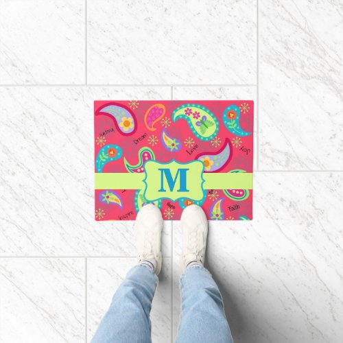 Paisley Monogram Modern Red Lime Green Whimsy Doormat