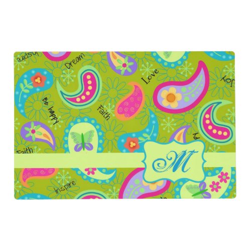 Paisley Monogram Olive Green Modern Pattern Table Placemat
