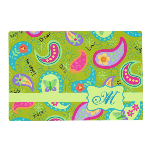 Paisley Monogram Olive Green Modern Pattern Table Placemat (Front)