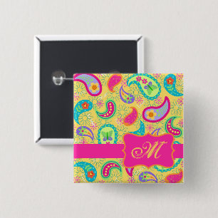 Paisley Monogram Yellow Hot Pink Modern  Button