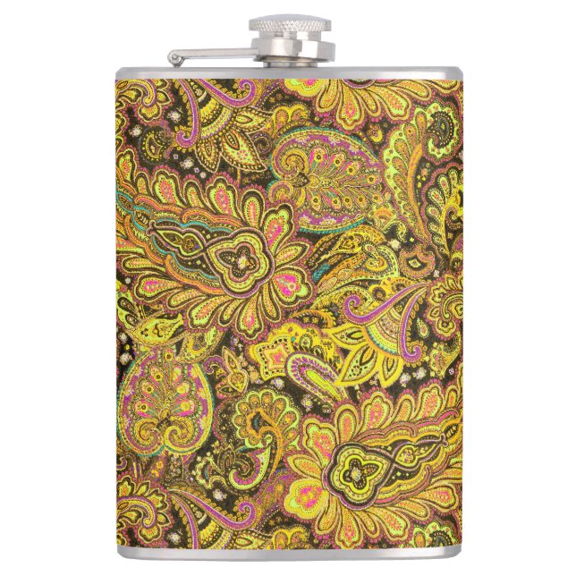 Paisley Motif in Yellow, Brown on Black Background Flask (Front)