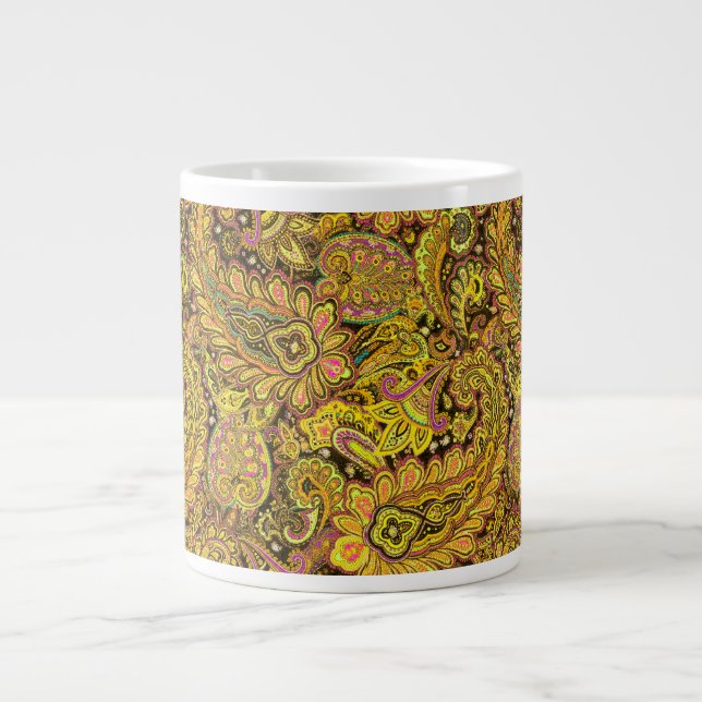 Paisley Motif in Yellow, Brown on Black Background Giant Coffee Mug (Front)