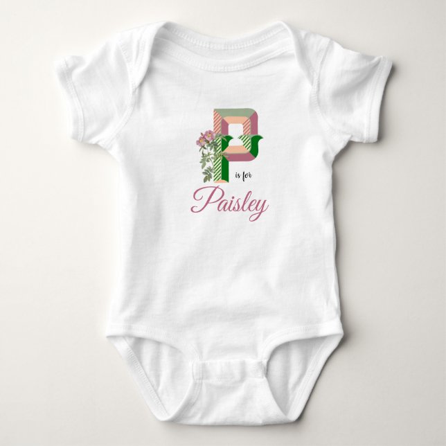 Paisley Name Reveal Floral Letter Girl Rose Flower Baby Bodysuit (Front)
