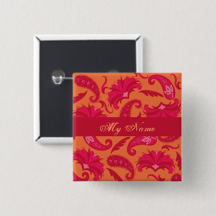 Paisley Name Tag Badge Red Orange Parisian Pinback Button