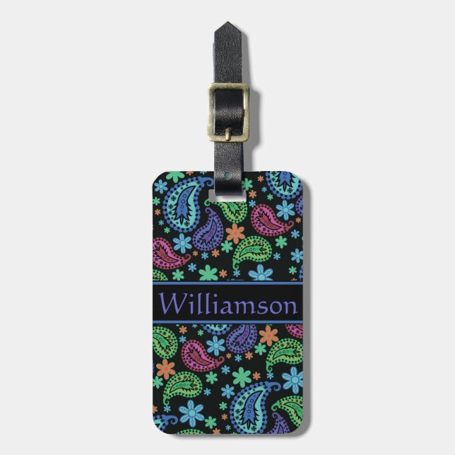 Paisley on Black Luggage Tag (Front Vertical)