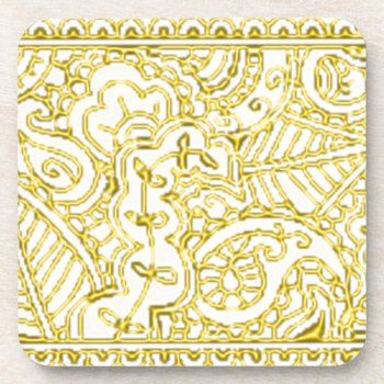 Paisley Passion - Yellow (henna) Beverage Coaster by HennaHarmony at Zazzle